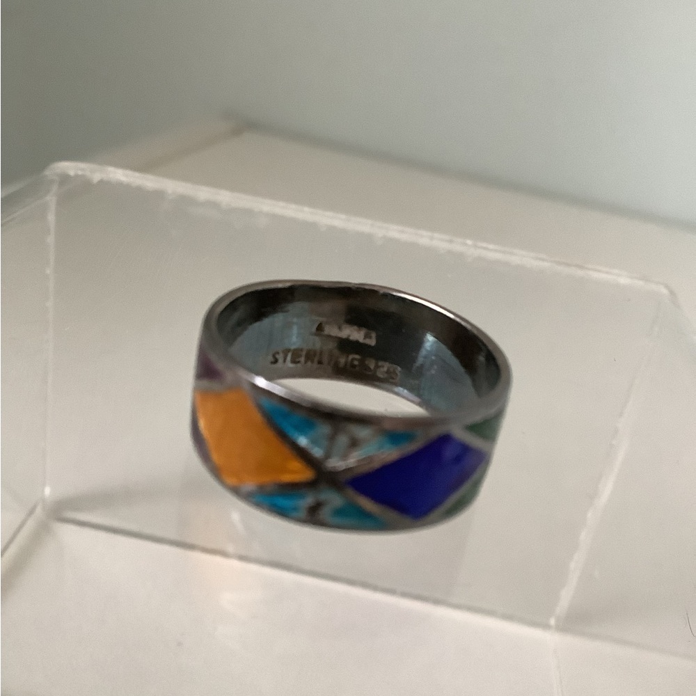 New vintage silver colourful harlequin cloisonné ring - Picture 10 of 12